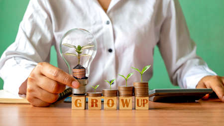 Businessman holding energy-saving lamps with plants growing on coins and trees growing on coins, business start-up ideas, and financial growth.の写真素材