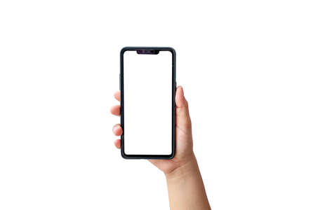 The hand is holding the white screen, the mobile phone is isolated on a white backgroundの写真素材