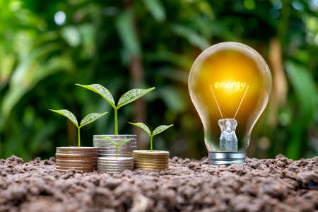 Trees grow from coins and energy-saving light bulbs labeled ENERGY, energy-saving, and environmental...