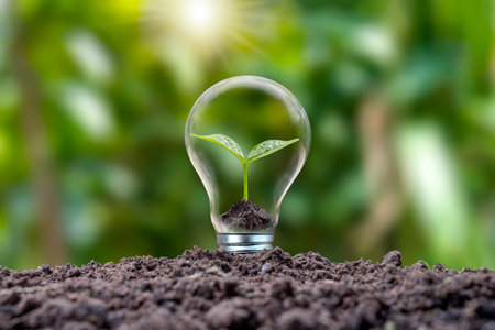 Trees growing in energy-saving and energy-saving bulbs are environmentally friendly. renewable energy concept Clean energy alternatives to generate electricityの写真素材