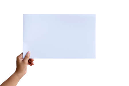 hand holding blank white paper on white background with the clipping path.の写真素材