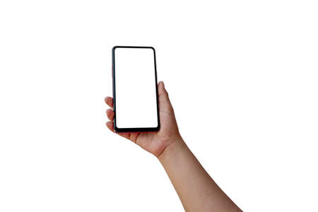 The hand is holding the white screen, the mobile phone is isolated on a white background with the clipping path.の写真素材