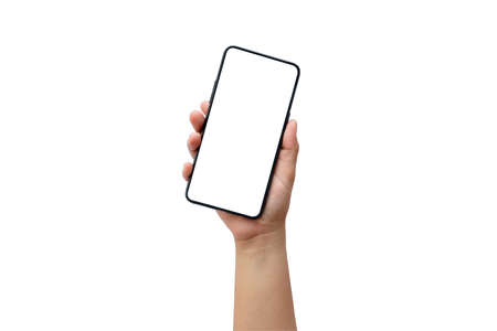 Hand holding smartphone white screen with the clipping path isolated on a white background.の写真素材