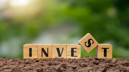 Woodblock on land labeled invest financial growth ideas and securities investments.の写真素材