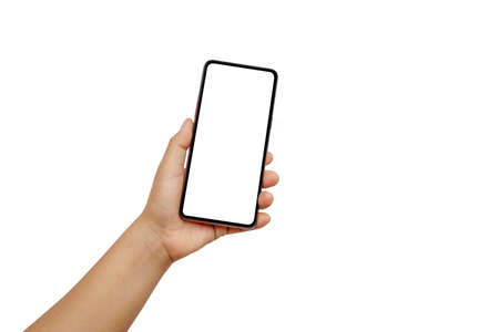 White screen phone held in left hand isolated on white backgroundの写真素材