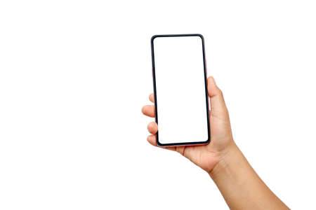 The hand is holding the white screen, the mobile phone is isolated on a white background with the clipping path.の写真素材