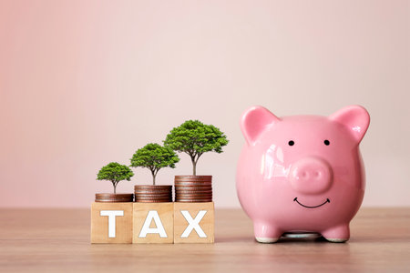 Tax and taxation concept with trees growing on stacked coins and wooden blocks labeled TAX.の写真素材