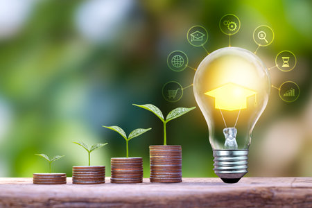 Light bulb and graduation cap and tree growing on pile of coins, education, finance and investment concept.の写真素材