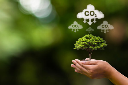 The CO2 symbol on the tree held by the group symbolizes the goal of reducing carbon emissions and promoting environmental sustainability.の写真素材