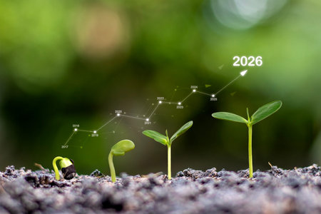 Sustainable business growth and long-term investment concept for 2026, featuring seedling stages of...