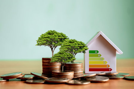 A conceptual image of a green tree growing on a pile of gold coins and a miniature house model with...