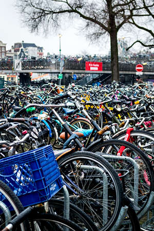 AMSTERDAM, THE NETHERLANDS - FEB 6, 2017: Bicycle parking in the center of Amsterdam.のeditorial素材