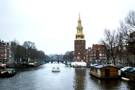 Beautiful Amsterdam canals and typical housesのeditorial素材