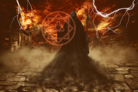 Angel of death casting a spell of destruction with a magic staff over apocalypse background