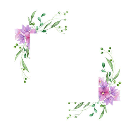 Floral frame with pink roses and decorative leaves. Watercolor Invitation design. Background to save the date.Greeting cards with pink flowers.の写真素材
