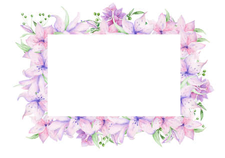 Floral frame with pink roses and decorative leaves. Watercolor Invitation design horizontal. Background to save the date.Greeting cards with pink flowers.の写真素材