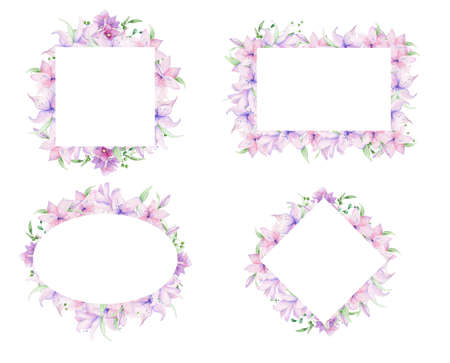 Floral frames with pink flowers and decorative leaves. Watercolor Invitation design horizontal. Background to save the date.Greeting cards with pink flowers.の写真素材