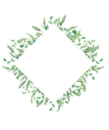 floral greenery card design: branch green leaves triangle frame. Wedding invite poster invitation Watercolor hand drawn art illustrationの写真素材