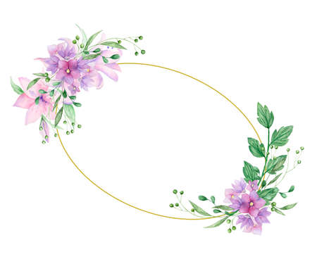 Floral frame with pink roses and decorative leaves. Watercolor Invitation design. Background to save the date. Greeting card with pink flowers. Gold polygonal frameの写真素材