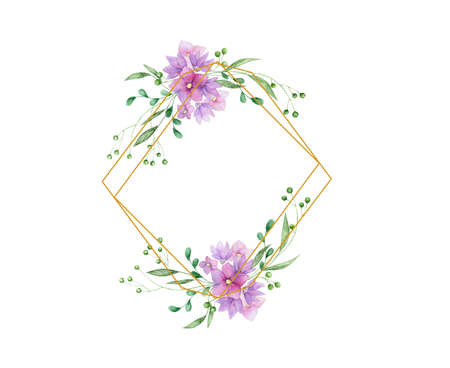 Wedding Invitation, floral invite card, pink floral and pink flowers geometric golden frame print. White background.の写真素材
