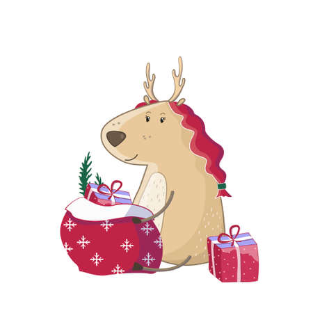 Christmas baby cute deer with gift. Isolated on blue gradient background. Christmas illustration. Greeting card animal winter design decorationのイラスト素材