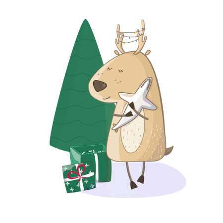Christmas baby cute deer with gift. Isolated on blue gradient background. Christmas illustration. Greeting card animal winter design decoration.のイラスト素材