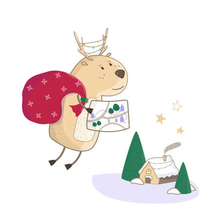 Christmas baby cute deer's with gift and little house. Christmas illustration. Greeting card animal winter design decorationのイラスト素材