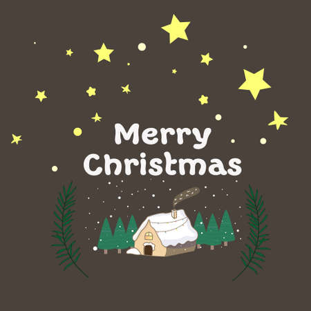 Christmas card house Funny Deer stars and snow. Sweet home. Red gradient Background with gingerbread houses, candy,のイラスト素材