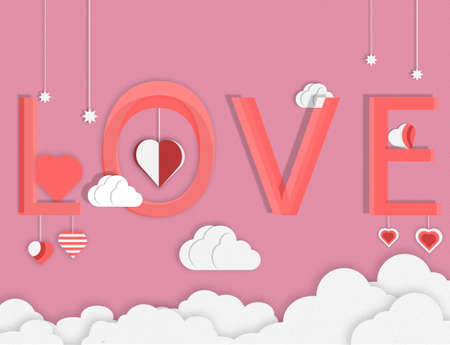 illustration symbol of love with the design of paper art and craft. a purple background with clouds and hot air balloons as a symbol of loveの写真素材