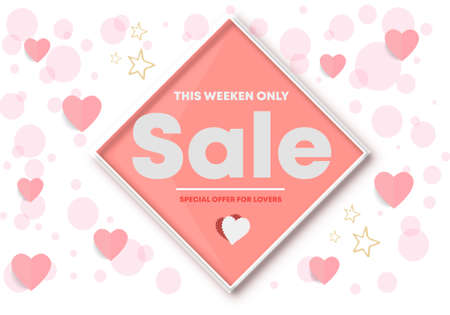 Happy Valentine's Day Sale Seasonal Banner. Top view on composition with Hearts and Shapes. Vector Illustration with Discount Offer. 2019 trend colors.のイラスト素材