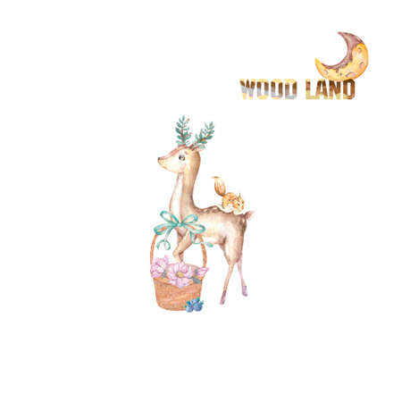 Cute Little Deer with flowers basket and pink cake for celebration and birthday card. Watercolor clip art, painting illustration on white backgroundの写真素材
