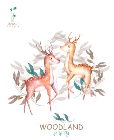 Cute baby deers animal isolated illustration for children. Bohemian watercolor boho forest deer family watercolor drawing Perfect for nursery posters. Birthday inviteの写真素材