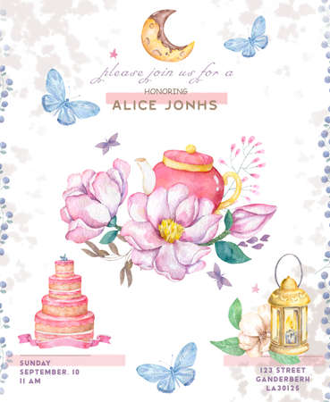 Happy Birthday cards set. Celebration colorful illustrations with birthday cake, balloons and stars. Watercolor greeting baby card. on white background.の写真素材