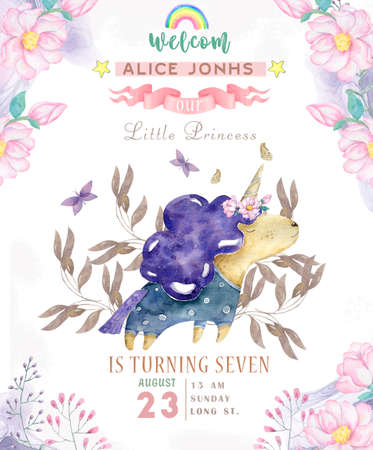 Watercolor isolated cute watercolor unicorn clipart. Nursery unicorns illustration. Princess unicorns poster. Trendy pink cartoon horse. Birthday inviteの写真素材