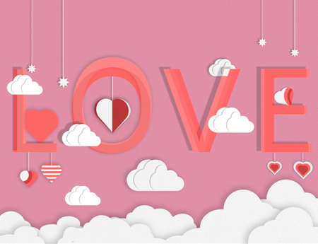 illustration symbol of love with the design of paper art and craft. a purple background with clouds and hot air balloons as a symbol of loveの写真素材