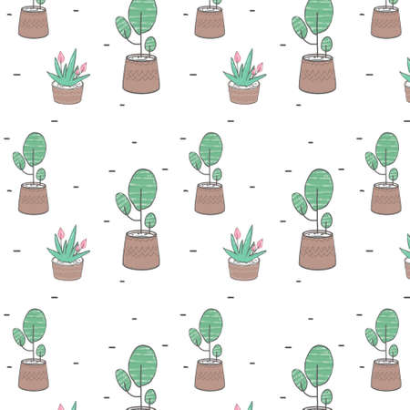 Tree and plants in a pot semlless pattern clip art, illustration, drawing on white backgroundの写真素材