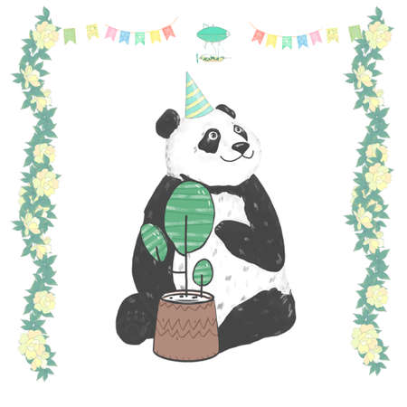 Panda clip art drawing animal illustration cute animal greeting birthday celebration card black bear funny frames character digital flowers geometric ribbon on white backgroundの写真素材