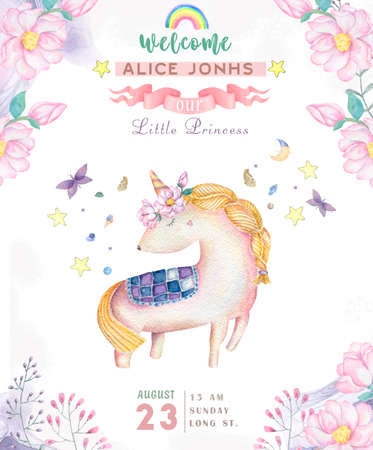 Watercolor isolated cute watercolor unicorn clipart. Nursery unicorns illustration. Princess unicorns poster. Trendy pink cartoon horse. Birthday inviteの写真素材