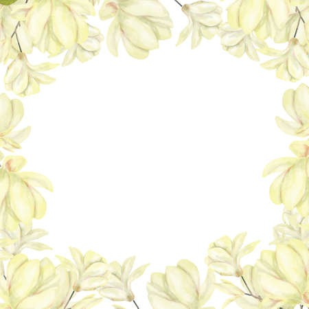 Wedding Invitation, floral invite card, olive floral and magnolia geometric golden frame print. White backgroundの写真素材