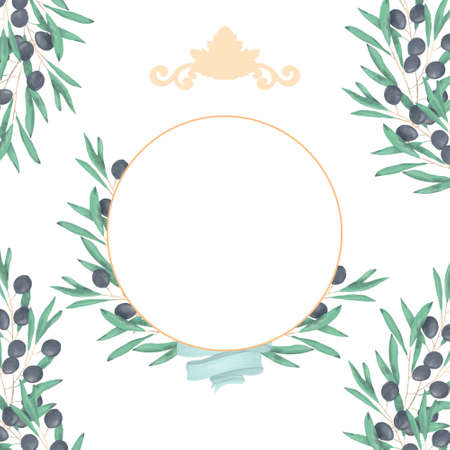 Wedding Invitation, floral invite card, olive floral and magnolia geometric golden circle frame print. White backgroundの写真素材