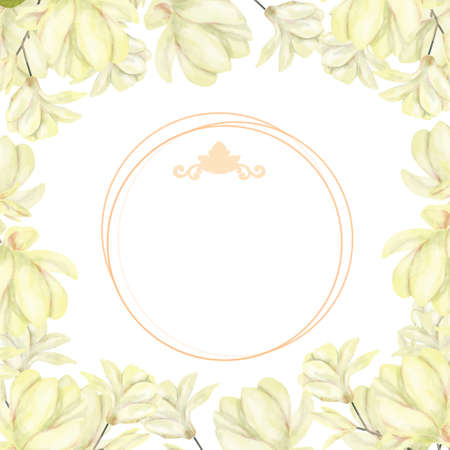 Wedding Invitation, floral invite card, olive floral and magnolia geometric golden frame print. White backgroundの写真素材