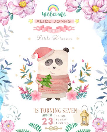 Cute happy birthday card with cartoon Panda. Watercolor panda clip art and beauty boho pink flowers, floral. lamp light and leaf for greeting card on white background.の写真素材