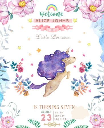 Watercolor isolated cute watercolor unicorn clipart. Nursery unicorns illustration. Princess unicorns poster. Trendy pink cartoon horse. Birthday invite.の写真素材