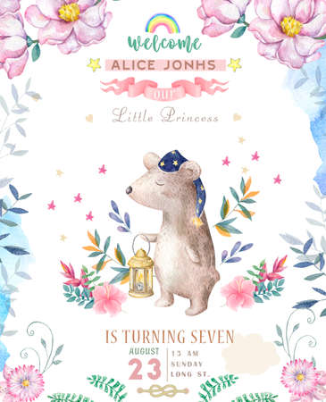 Watercolor cute baby Bear with light and boho flowers and floral bouquets Birthday set. Cartoon clip art for greeting cardの写真素材