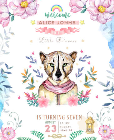 Happy birthday card with cute tiger Watercolor animal. Cute baby greeting card. Boho flowers and floral bouquets Happy Birthday set. Watercolor greeting baby clip art on white background.の写真素材