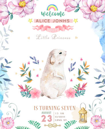 Cute happy birthday card with cartoon Bunny. Watercolor rabbit clip art and beauty boho pink flowers, floral. lamp light and leaf for Happy Easter on white background.の写真素材
