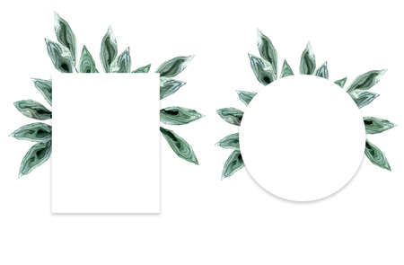 Set floral greenery card design: Forest fern frond Eucalyptus branch green leaves foliage herb greenery yellow berries frame. Wedding invite poster invitation  hand drawn art illustrationの写真素材