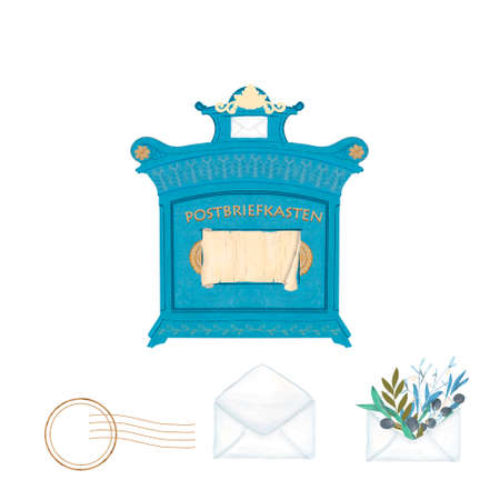 Deutsche Post mailbox in Germany city. Blue Deutsche Post  brush clip art on white .の写真素材