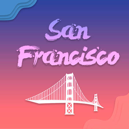 San Francisco bridge and hand written lettering for card, flat clip art Modern brush calligraphy. Isolated on . illustration on gradient Flat clouds design Modern futuristic template.の写真素材