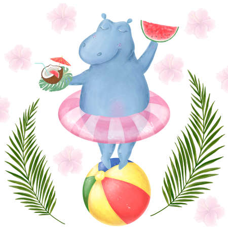Beach Hippo Cute Clip art animal Character hippopotamus digital drawing color summer Fruits Tropical card greeting celebration pool water cocktail illustration funny smile face white background.の写真素材